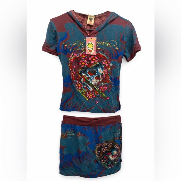 Ed Hardy Other - Ed Hardy Y2K Rhinestone Skull Hooded Top & Mini Skirt Set – NWT